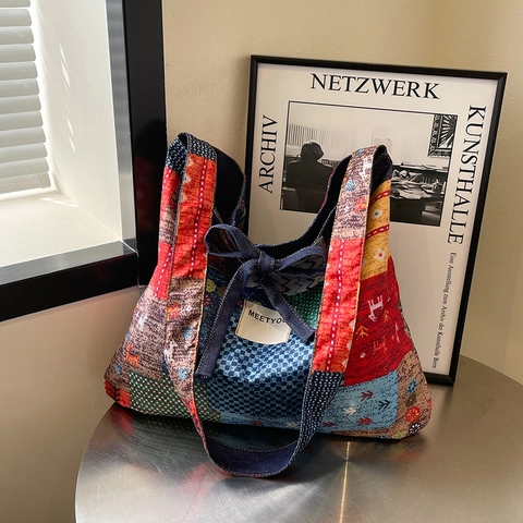 Damen Ethno Patchwork Tote Bag Große Kapazität Denim Schulter Umhängetasche Mit Schleife Bohemian Vintage Reise