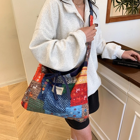 Damen Ethno Patchwork Tote Bag Große Kapazität Denim Schulter Umhängetasche Mit Schleife Bohemian Vintage Reise