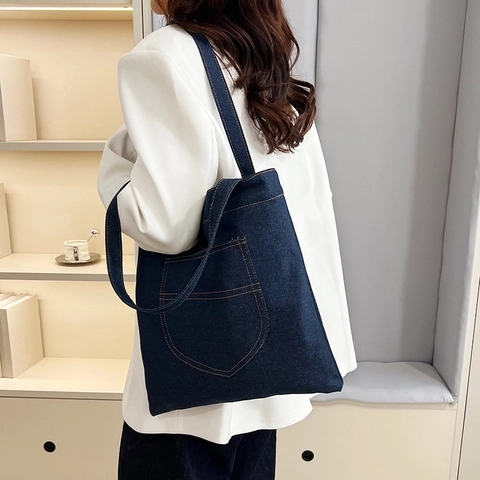 Große Kapazität Denim Tote Bag Für Damen Vintage Kontrastnähte Umhängetasche Casual Alltags Denim Handtasche