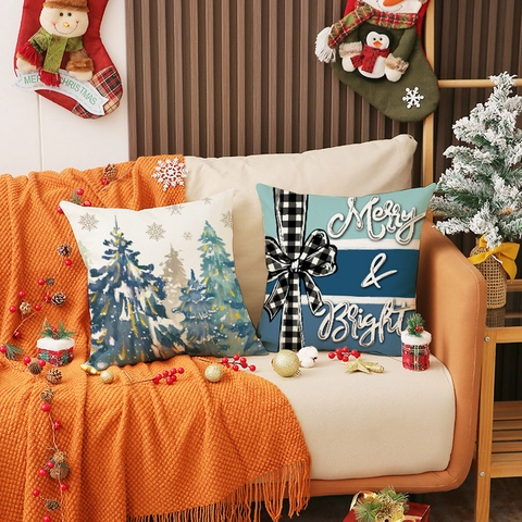 Fundas de Cojín de Navidad de Lino Decorativo Funda de Almohada Azul Blanco Invierno Copo de Nieve Árbol Camión Impresión Hogar Sofá