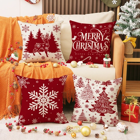 Nordic Christmas Reindeer Snowflake Print Pillowcase Decorative Polyester Linen Blend Holiday Cushion Cover For Sofa Decor