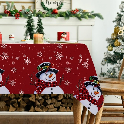 Mantel De Navidad Poliéster Estampado Muñeco De Nieve Copo De Nieve Rectangular Impermeable Decoración Festiva