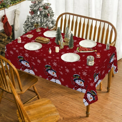 Mantel De Navidad Poliéster Estampado Muñeco De Nieve Copo De Nieve Rectangular Impermeable Decoración Festiva