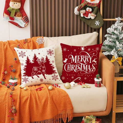 Nordic Christmas Reindeer Snowflake Print Pillowcase Decorative Polyester Linen Blend Holiday Cushion Cover For Sofa Decor