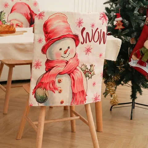 Housses De Chaise De Noël Style Lin Polyester Imprimé Motif Bonhomme De Neige Père Noël Décoration Salle À Manger Maison