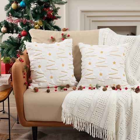 Funda de Almohada con Bordado 3D de Árbol de Navidad Terciopelo PV de Felpa Suave con Estrella Dorada Estilo Navideño Sofá Hogar
