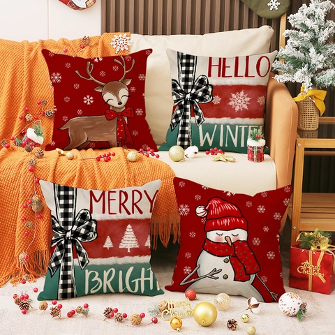 Christmas Decorative Pillow Covers Linen Blend Reindeer Snowman Snowflake Buffalo Plaid Square Throw Pillowcase For Sofa Holiday Home Decor