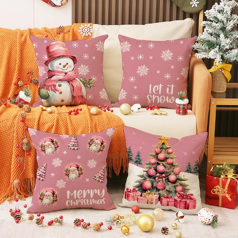 Roze Kerst Kussensloop Linnenmix Decoratieve Kussenhoes Sneeuwpop Kerstman Boom Let It Snow Patroon Voor Sofa Thuis