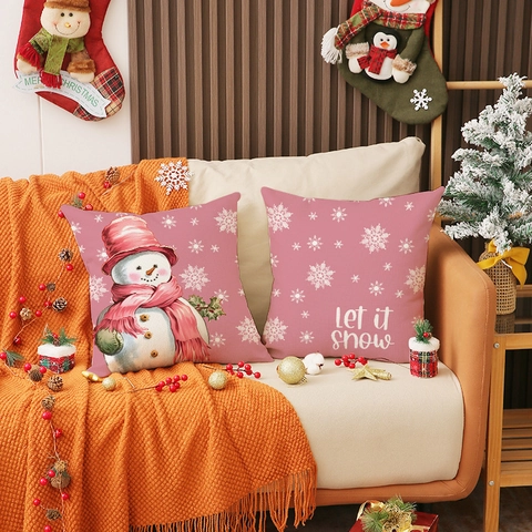 Roze Kerst Kussensloop Linnenmix Decoratieve Kussenhoes Sneeuwpop Kerstman Boom Let It Snow Patroon Voor Sofa Thuis