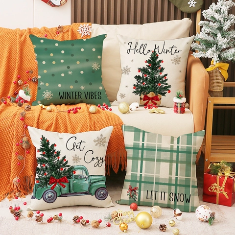 Weihnachten LKW Karomuster Kissenbezug Polyester Leinenoptik Winter Schnee Weihnachtsbaum Deko Kissenhülle Für Sofa Couch Zuhause