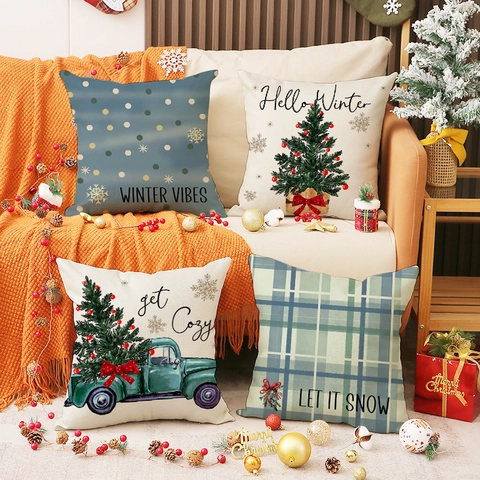 Weihnachten LKW Karomuster Kissenbezug Polyester Leinenoptik Winter Schnee Weihnachtsbaum Deko Kissenhülle Für Sofa Couch Zuhause