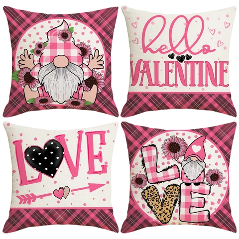 Valentine Day Pillow Cover Polyester Plaid Heart Gnome Print Decorative Sofa Cushion Case Square For Home