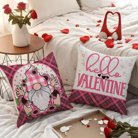 Valentine Day Pillow Cover Polyester Plaid Heart Gnome Print Decorative Sofa Cushion Case Square For Home