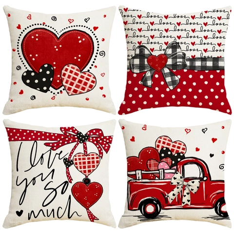 Valentine's Day Heart Love Print Polyester Linen Texture Decorative Pillowcase Cushion Cover For Couch Living Room Decor