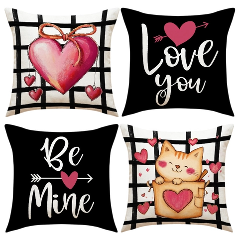 Valentinstag Herz Kissenbezüge Polyester Leinen Katze Liebe Druck Quadratisch Kissenhülle Unsichtbarer Reißverschluss