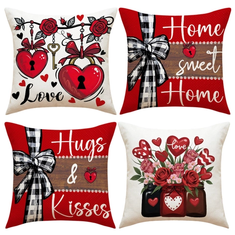 Valentine's Day Heart Rose Buffalo Plaid Decorative Pillowcase Red White Polyester Cushion Cover For Sofa Home Decor