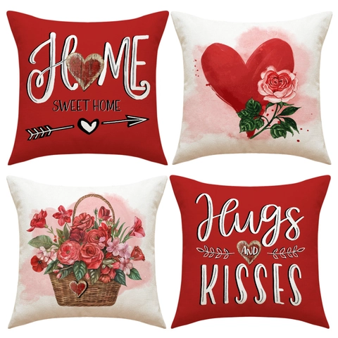 Valentine's Day Heart Rose Print Polyester Linen Look Cushion Covers Romantic Hugs Letters Square Pillowcase For Sofa Decor