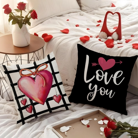 Valentinstag Herz Kissenbezüge Polyester Leinen Katze Liebe Druck Quadratisch Kissenhülle Unsichtbarer Reißverschluss