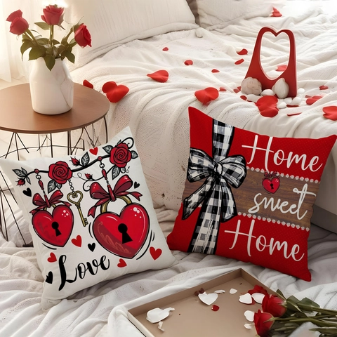 Valentine's Day Heart Rose Buffalo Plaid Decorative Pillowcase Red White Polyester Cushion Cover For Sofa Home Decor