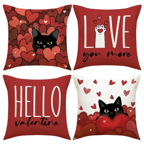 Valentinstag Dekorative Kissenhülle Polyester Schwarze Katze Herz Druck Quadrat Kissenbezug Romantische Heimdeko