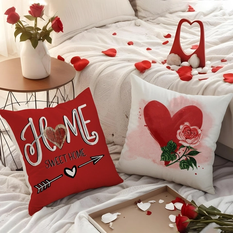 Valentine's Day Heart Rose Print Polyester Linen Look Cushion Covers Romantic Hugs Letters Square Pillowcase For Sofa Decor