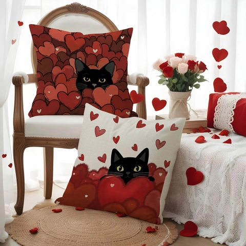 Valentinstag Dekorative Kissenhülle Polyester Schwarze Katze Herz Druck Quadrat Kissenbezug Romantische Heimdeko