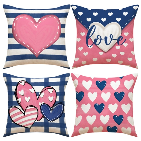 Valentine's Day Heart Print Pillow Cover Stripe Plaid Love Pattern Polyester Cushion Case Home Sofa Decoration