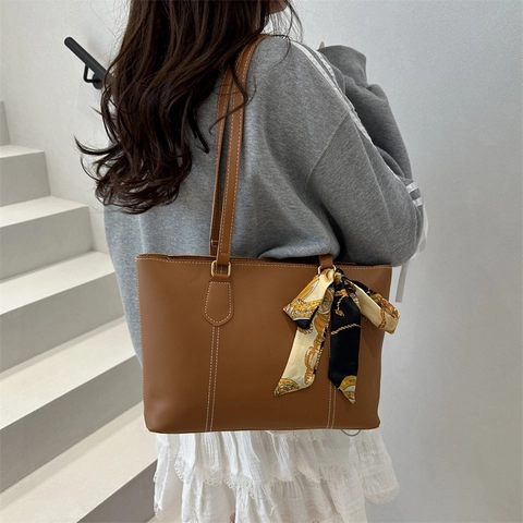 Women Large Capacity PU Leather Tote Bag With Contrast Stitching And Patterned Scarf For Daily Office Commute Shoulder Bag