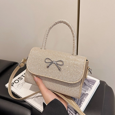 Mini Glitter Handbag For Women Elegant Crossbody Square Bag With Metal Bowknot Party Evening Chic Purse