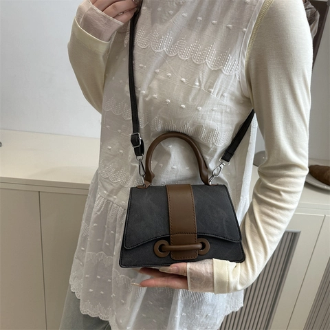 Bolso de Mano Vintage para Mujer Textura Denim Cuero PU Color Contraste Bolso Cuadrado Pequeño Bandolera Mensajero Casual Mujer