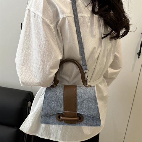 Bolso Bandolera Pequeño Cuadrado Vintage para Mujer Cuero PU Textura Denim Bolso de Hombro de Mano Color Contraste Anillo Metal