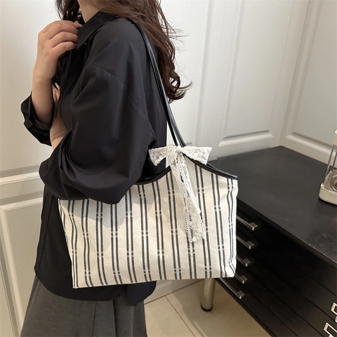 Borsa Tote in Tela a Righe Stile Coreano Grande Capacità Borsa a Spalla Donna Con Fiocco in Pizzo Moda PU Borsa Pendolare