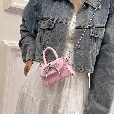 Women Mini Bow Square Bag Rhinestone Bowknot Chain Strap PU Leather Crossbody Bag Handbag For Party Wedding Dating Fashion Bag