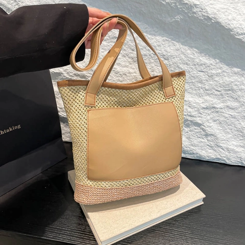 Borsa Tote in Paglia Intrecciata alla Moda per Donna Grande Capacità Borsa a Spalla per Vacanze al Mare con Tasca in Pelle PU
