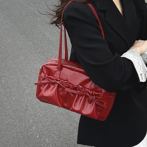 Borsa Shopping Donna Grande Capacità in Pelle PU Con Fiocco Doppie Tasche Borsa a Tracolla Casual per Pendolarismo Scuola Quotidiana