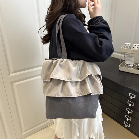 Bolso de Hombro de Mujer de Gran Capacidad Con Borde de Volantes Cuero PU Bolso Tote de Moda Color Sólido Casual Diario