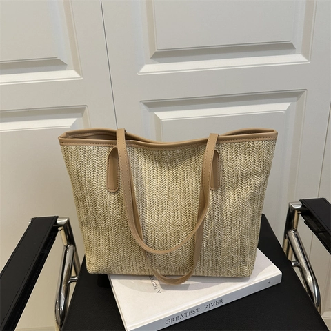 Damen Große Kapazität Stroh Gewebte Tote Bag Fischgrätmuster Minimalistisch Sommer Strand Umhängetasche Pendler Achseltasche