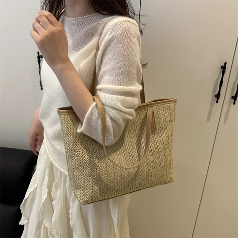 Damen Große Kapazität Stroh Gewebte Tote Bag Fischgrätmuster Minimalistisch Sommer Strand Umhängetasche Pendler Achseltasche