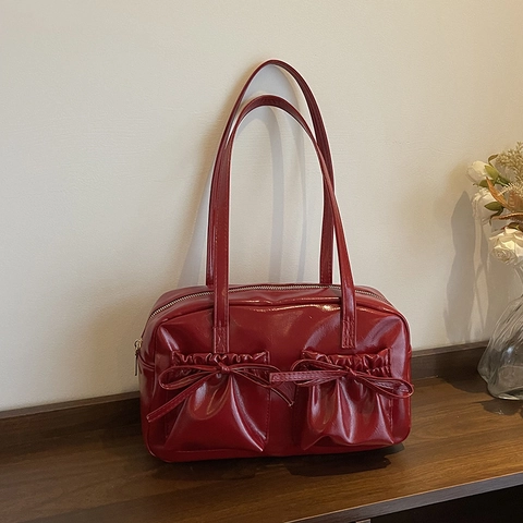 Mode Dames Grote Tote Bag 2025 Strik Geplooide Schoudertas Vintage PU Leer Woon-werkverkeer College Student Daily Tas