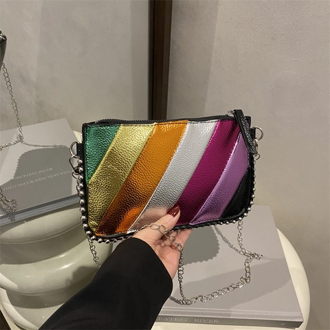 Women Metallic Rainbow Striped Crossbody Bag Small Square Shoulder Purse With Chain Strap Rivet Bead Trim Zipper Closure Retro Party
