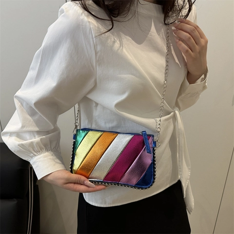 Women Metallic Rainbow Striped Crossbody Bag Small Square Shoulder Purse With Chain Strap Rivet Bead Trim Zipper Closure Retro Party