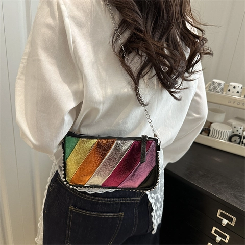 Women's Metallic Rainbow Diagonal Stripe Small Square Bag Fashion PU Leather Shoulder Crossbody Bag With Silver Chain