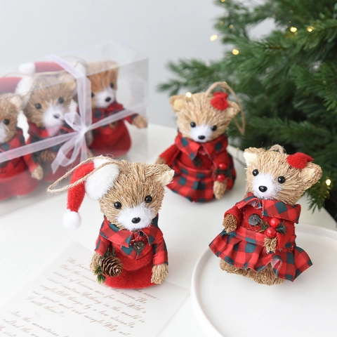 Ornamenti di Natale a Orsetto in Paglia Intrecciata Con Vestiti a Quadri Rossi Pigne Decorazioni Natalizie Tradizionali