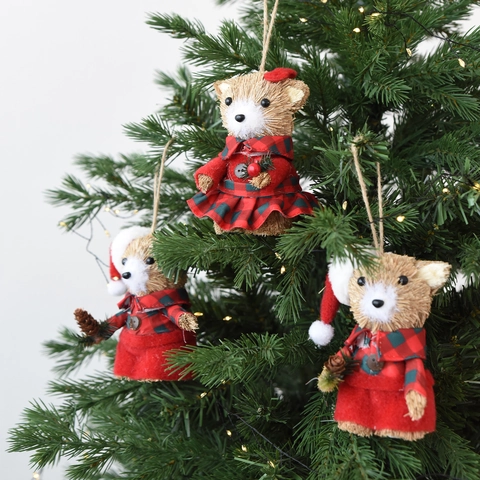 Ornamenti di Natale a Orsetto in Paglia Intrecciata Con Vestiti a Quadri Rossi Pigne Decorazioni Natalizie Tradizionali
