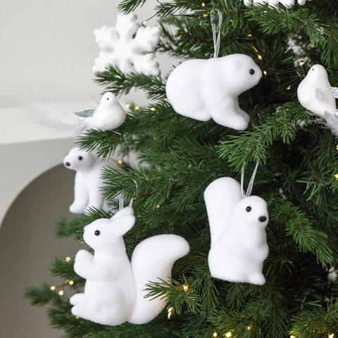 Addobbi Natalizi Floccati Bianchi Orso Polare Scoiattolo Uccello Fiocco di Neve Decorazioni per Albero di Natale Casa