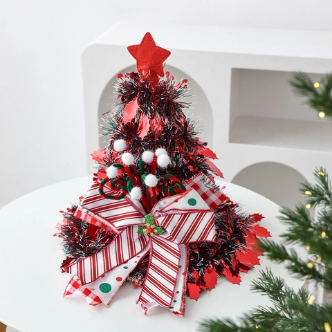 Christmas Tree Topper Hat Star Top Tinsel Decorative Festive Party Headwear Big Bow Striped Plaid Holiday Ornament