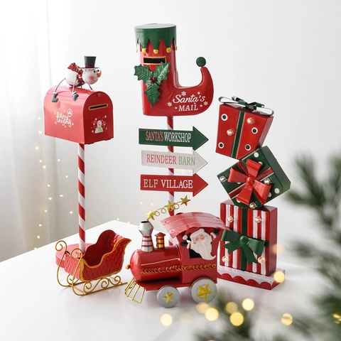 Christmas Iron Art Ornaments Vintage Metal Mailbox Sleigh Train Gift Box Festive Home Holiday Window Display Decor