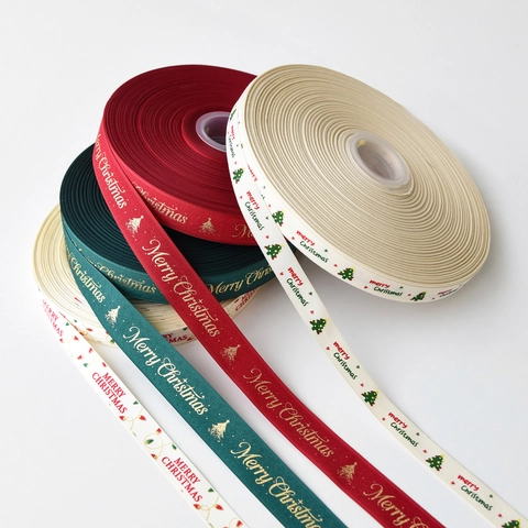 Ruban Décoratif De Noël Polyester Satin Imprimé Joyeux Noël Flocon De Neige Motif Renne Pour Emballage Cadeau Bricolage