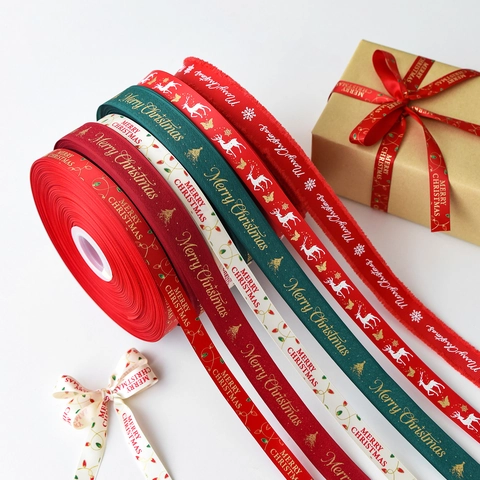 Ruban Décoratif De Noël Polyester Satin Imprimé Joyeux Noël Flocon De Neige Motif Renne Pour Emballage Cadeau Bricolage