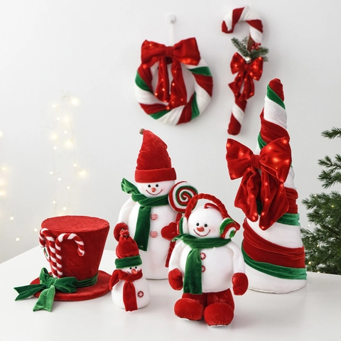 Addobbi Natalizi Pupazzo di Neve in Peluche Cappello a Cilindro in Velluto con Bastoncino di Zucchero per Festa Albero di Natale Casa Rosso Verde Bianco